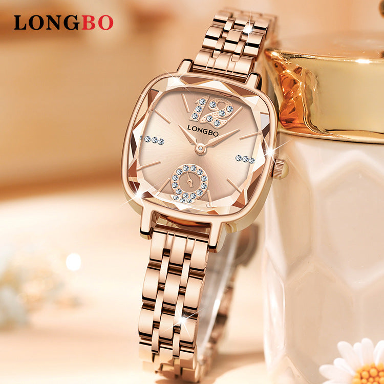 Women's Quartz Watch With Stainless Steel Strap And Butterfly Double Snap Buckle, Featuring Tempered Glass Mirror And Pointer Display