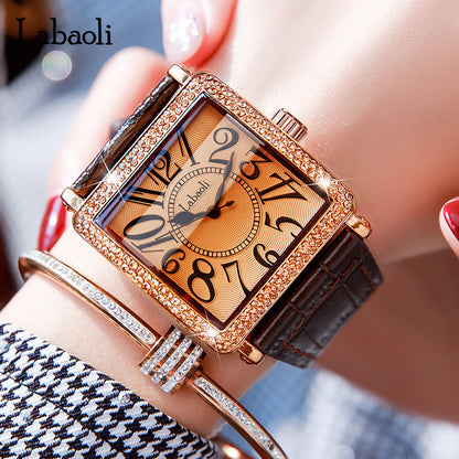 Women's Quartz Watch With Genuine Leather Strap And Buckle, Featuring Tempered Glass Mirror And Pointer+Number Display