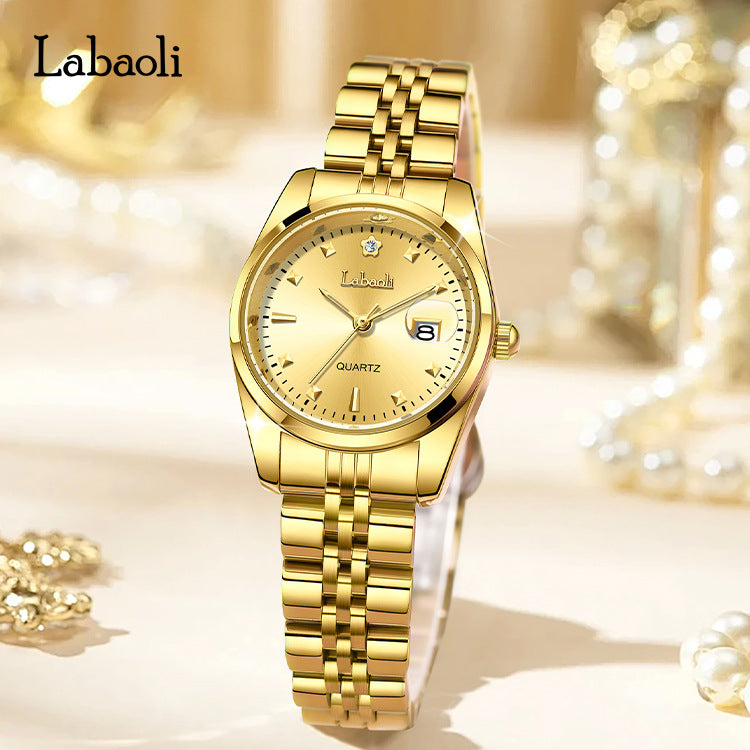 Women's Quartz Watch With Stainless Steel Strap And Butterfly Double Snap Buckle, Featuring Tempered Glass Mirror And Pointer Display