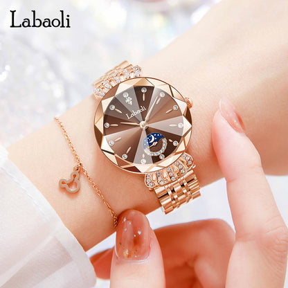 Women's Quartz Watch With Stainless Steel Strap And Butterfly Double Snap Buckle, Featuring Tempered Glass Mirror And Pointer Display