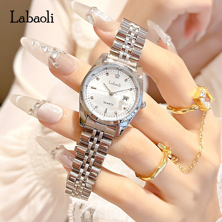 Women's Quartz Watch With Stainless Steel Strap And Butterfly Double Snap Buckle, Featuring Tempered Glass Mirror And Pointer Display