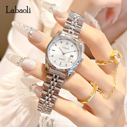 Women's Quartz Watch With Stainless Steel Strap And Butterfly Double Snap Buckle, Featuring Tempered Glass Mirror And Pointer Display