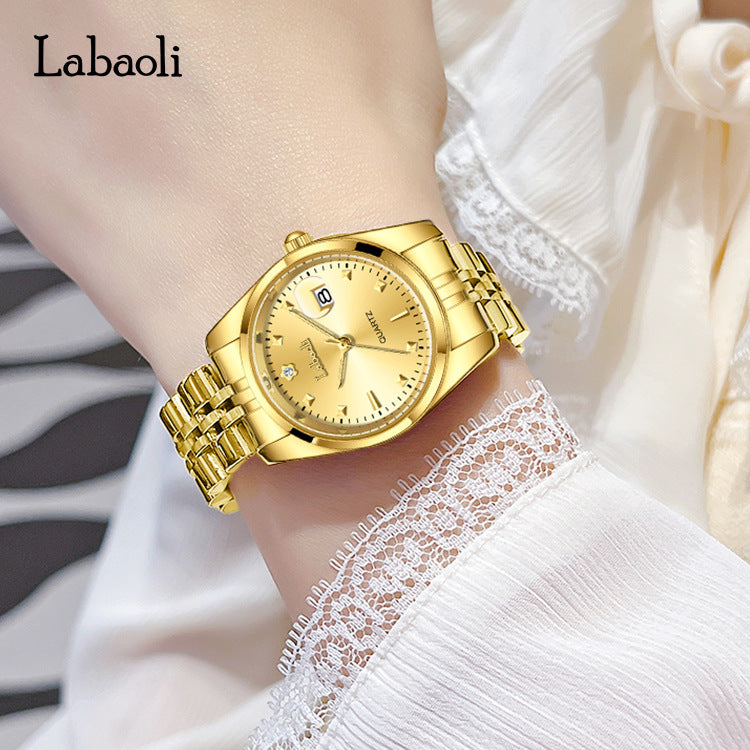 Women's Quartz Watch With Stainless Steel Strap And Butterfly Double Snap Buckle, Featuring Tempered Glass Mirror And Pointer Display