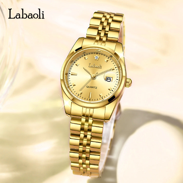 Women's Quartz Watch With Stainless Steel Strap And Butterfly Double Snap Buckle, Featuring Tempered Glass Mirror And Pointer Display