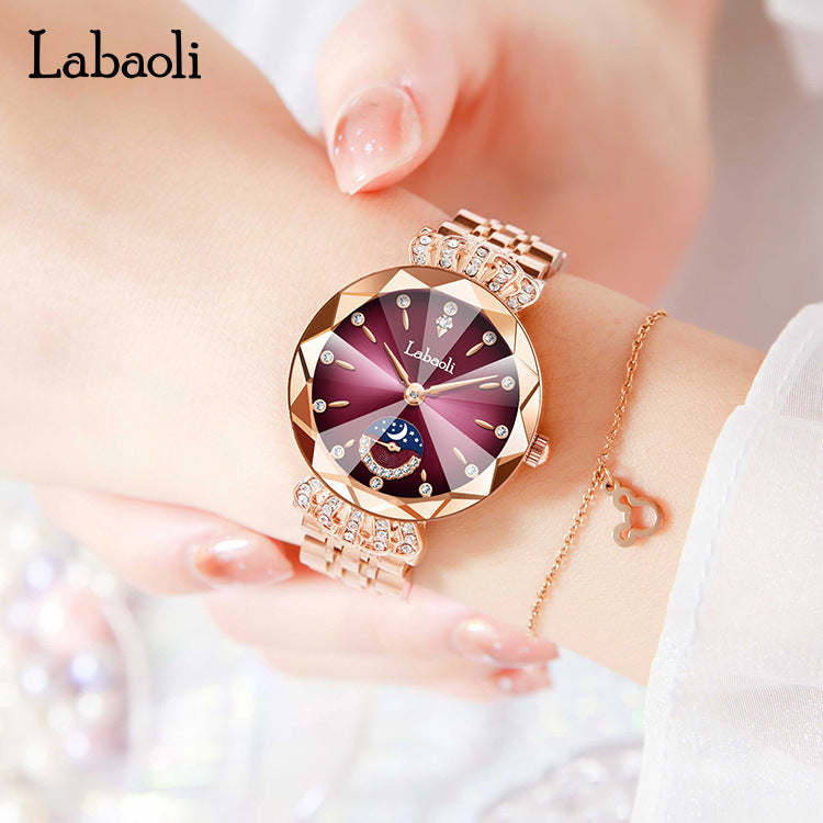 Women's Quartz Watch With Stainless Steel Strap And Butterfly Double Snap Buckle, Featuring Tempered Glass Mirror And Pointer Display