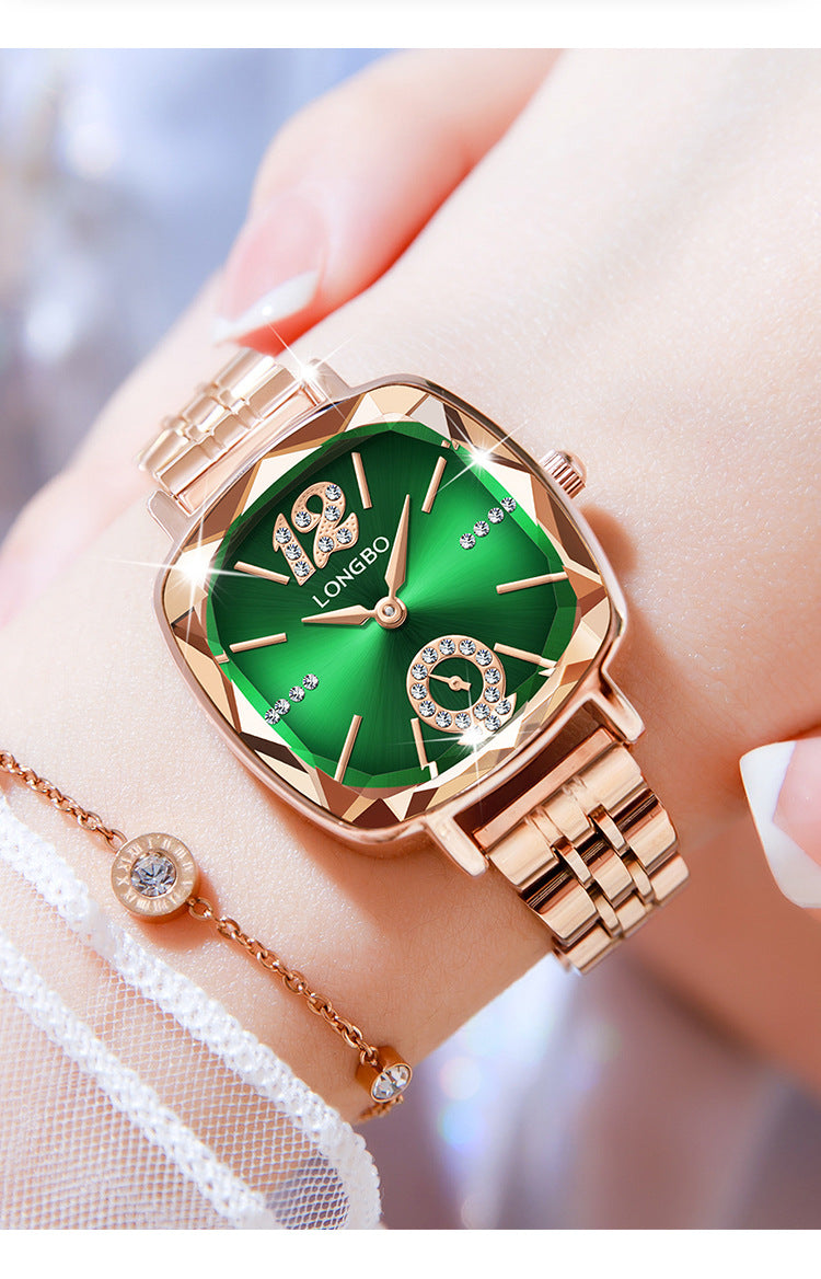 Women's Quartz Watch With Stainless Steel Strap And Butterfly Double Snap Buckle, Featuring Tempered Glass Mirror And Pointer Display