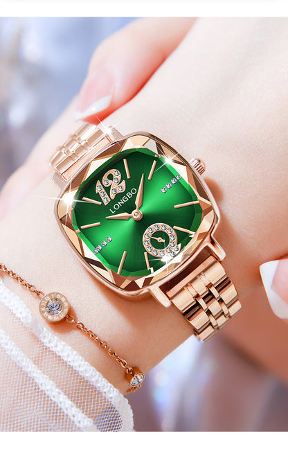 Women's Quartz Watch With Stainless Steel Strap And Butterfly Double Snap Buckle, Featuring Tempered Glass Mirror And Pointer Display