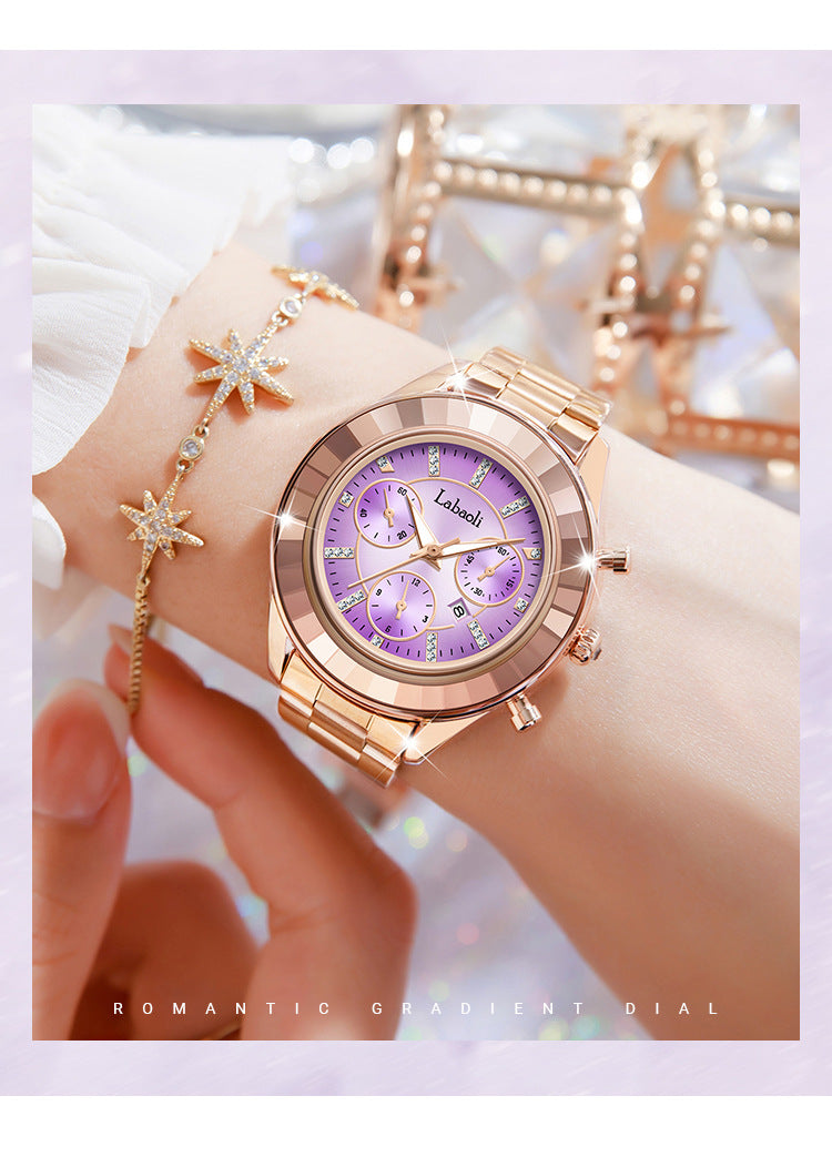 Women's Quartz Watch With Stainless Steel Strap And Butterfly Double Snap Buckle, Featuring Tempered Glass Mirror And Pointer Display