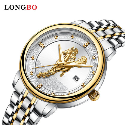 Men's Quartz Watch With Stainless Steel Strap And Double Side Snap Buckle Featuring Tempered Glass Mirror And Pointer Display