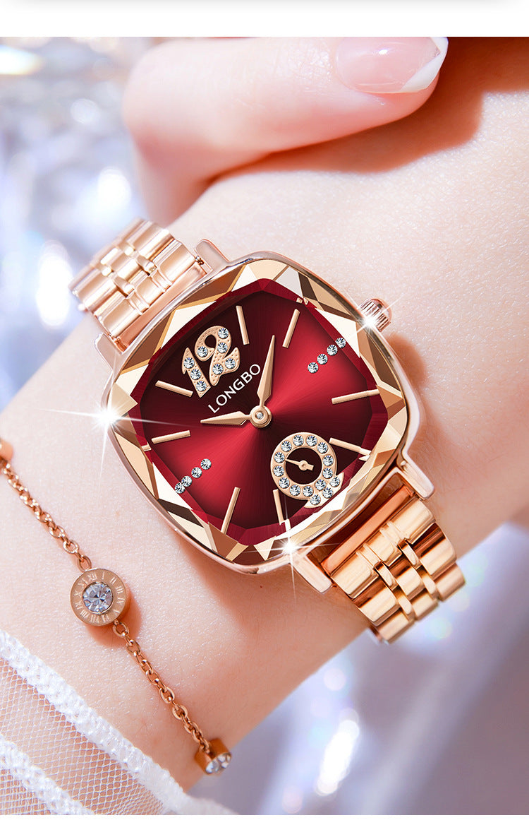 Women's Quartz Watch With Stainless Steel Strap And Butterfly Double Snap Buckle, Featuring Tempered Glass Mirror And Pointer Display