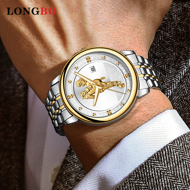 Men's Quartz Watch With Stainless Steel Strap And Double Side Snap Buckle Featuring Tempered Glass Mirror And Pointer Display