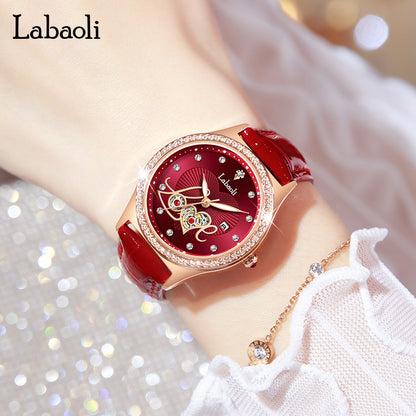 Women's Round Dial Quartz Watch With Genuine Leather Strap, Tempered Glass Mirror, Pointer Display, And Butterfly Double Snap Buckle