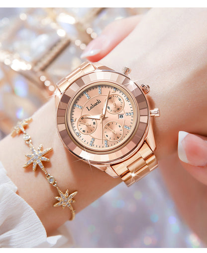 Women's Quartz Watch With Stainless Steel Strap And Butterfly Double Snap Buckle, Featuring Tempered Glass Mirror And Pointer Display