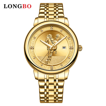 Men's Quartz Watch With Stainless Steel Strap And Double Side Snap Buckle Featuring Tempered Glass Mirror And Pointer Display