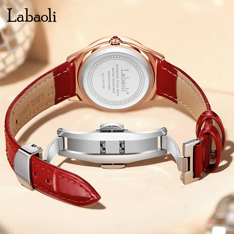 Women's Round Dial Quartz Watch With Genuine Leather Strap, Tempered Glass Mirror, Pointer Display, And Butterfly Double Snap Buckle
