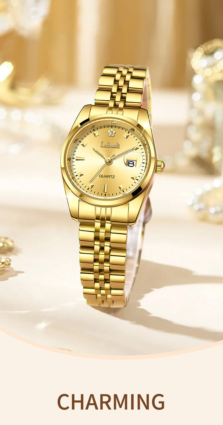 Women's Quartz Watch With Stainless Steel Strap And Butterfly Double Snap Buckle, Featuring Tempered Glass Mirror And Pointer Display