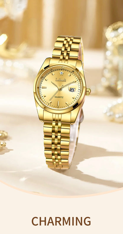 Women's Quartz Watch With Stainless Steel Strap And Butterfly Double Snap Buckle, Featuring Tempered Glass Mirror And Pointer Display