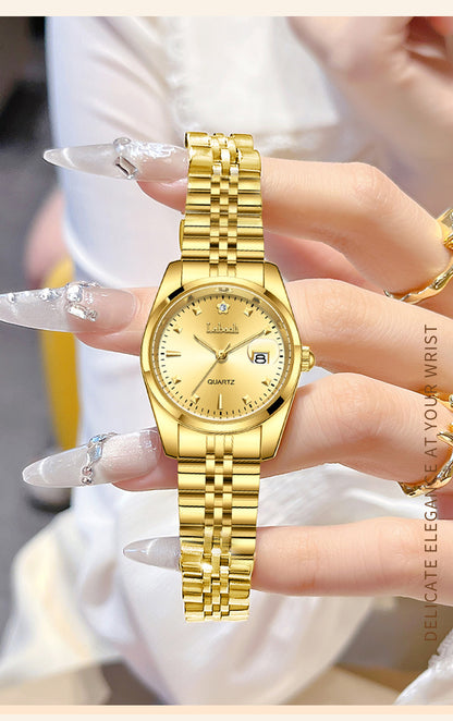 Women's Quartz Watch With Stainless Steel Strap And Butterfly Double Snap Buckle, Featuring Tempered Glass Mirror And Pointer Display