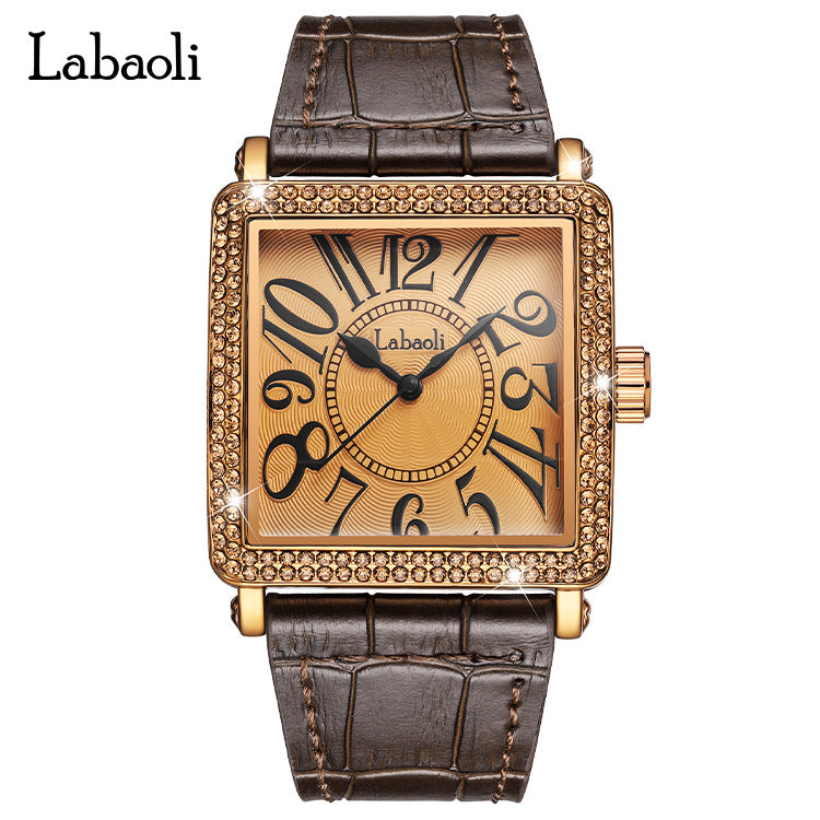 Women's Quartz Watch With Genuine Leather Strap And Buckle, Featuring Tempered Glass Mirror And Pointer+Number Display
