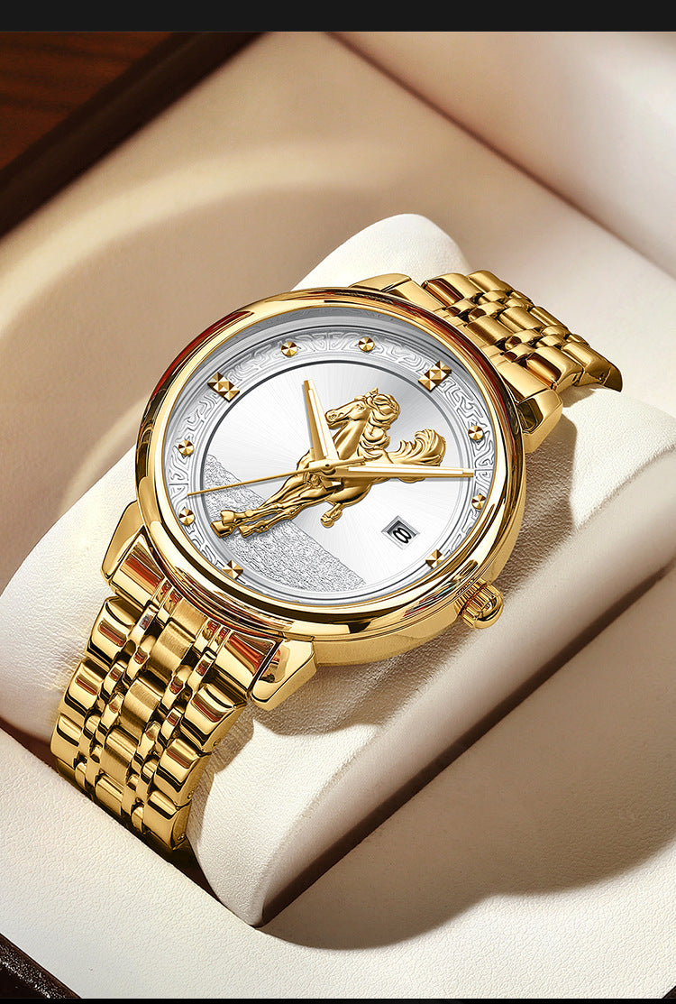 Men's Quartz Watch With Stainless Steel Strap And Double Side Snap Buckle Featuring Tempered Glass Mirror And Pointer Display