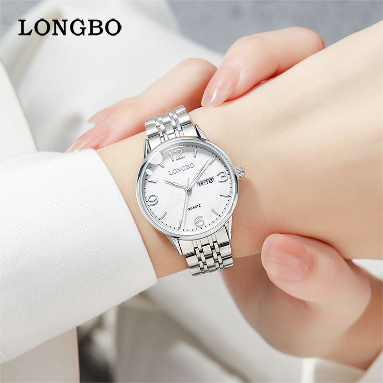 Women's Quartz Watch With Stainless Steel Strap, Butterfly Double Snap Buckle, Tempered Glass Mirror, Pointer And Number Display