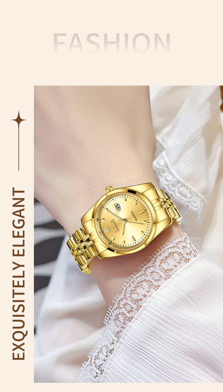 Women's Quartz Watch With Stainless Steel Strap And Butterfly Double Snap Buckle, Featuring Tempered Glass Mirror And Pointer Display