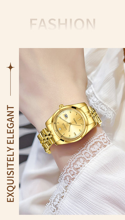 Women's Quartz Watch With Stainless Steel Strap And Butterfly Double Snap Buckle, Featuring Tempered Glass Mirror And Pointer Display