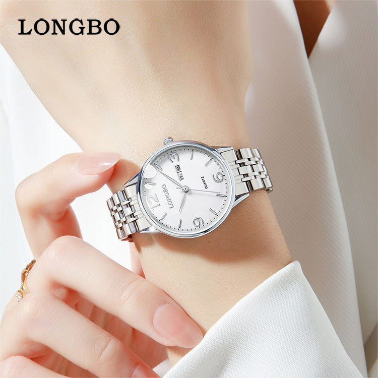 Women's Quartz Watch With Stainless Steel Strap, Butterfly Double Snap Buckle, Tempered Glass Mirror, Pointer And Number Display
