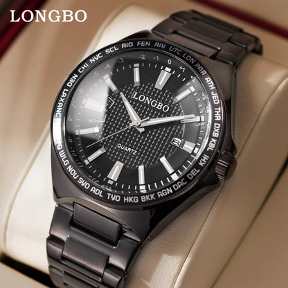 Men's Quartz Watch With Stainless Steel Strap And Double Side Snap Buckle Featuring Tempered Glass Mirror And Pointer Display