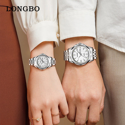 Unisex Quartz Watch With Stainless Steel Strap And Butterfly Double Snap Buckle Featuring Tempered Glass Mirror And Pointer Display