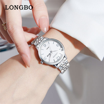 Women's Quartz Watch With Stainless Steel Strap, Butterfly Double Snap Buckle, Tempered Glass Mirror, Pointer And Number Display