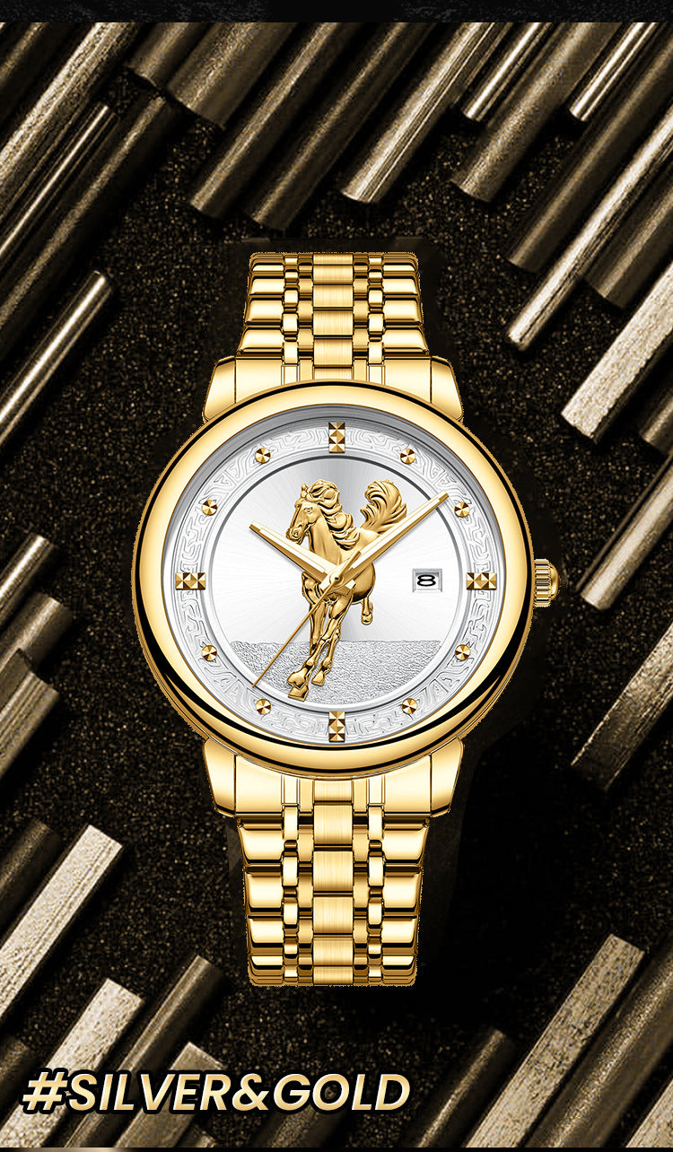 Men's Quartz Watch With Stainless Steel Strap And Double Side Snap Buckle Featuring Tempered Glass Mirror And Pointer Display