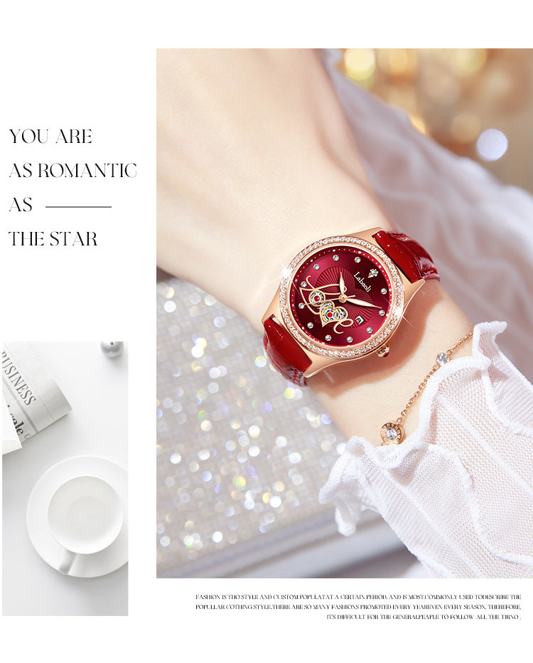 Women's Round Dial Quartz Watch With Genuine Leather Strap, Tempered Glass Mirror, Pointer Display, And Butterfly Double Snap Buckle