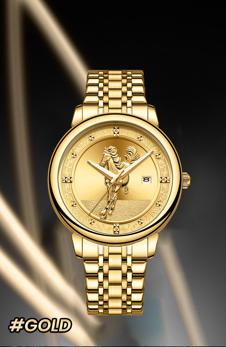 Men's Quartz Watch With Stainless Steel Strap And Double Side Snap Buckle Featuring Tempered Glass Mirror And Pointer Display