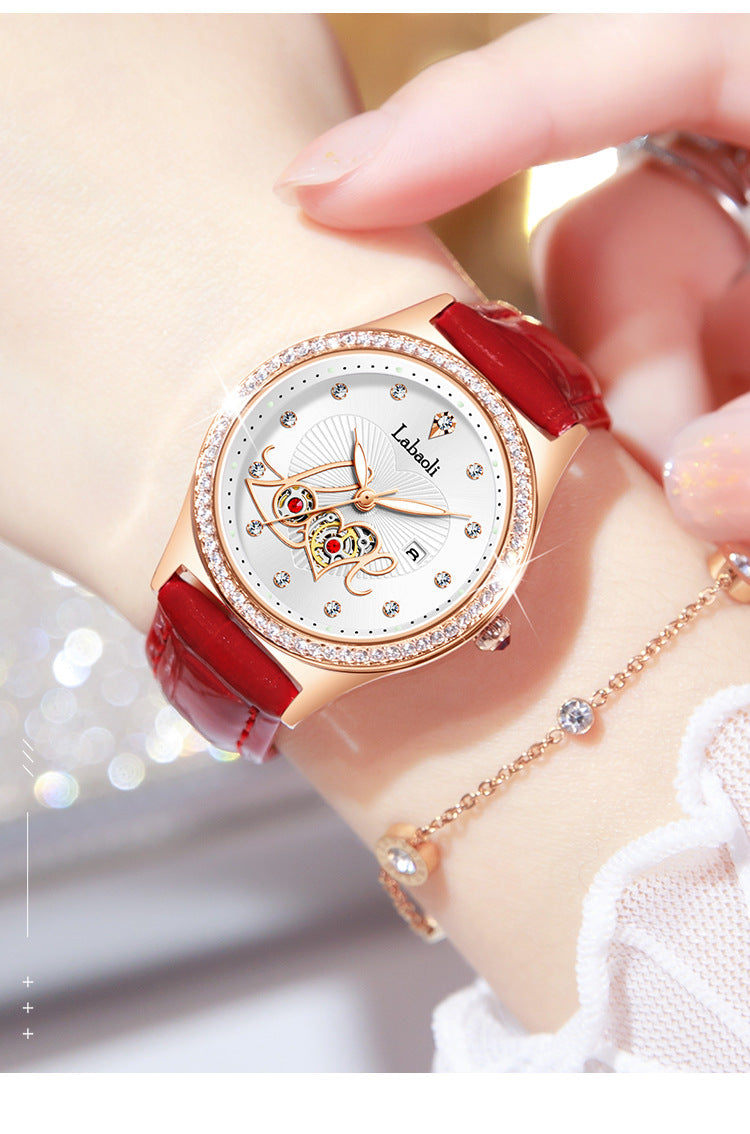 Women's Round Dial Quartz Watch With Genuine Leather Strap, Tempered Glass Mirror, Pointer Display, And Butterfly Double Snap Buckle