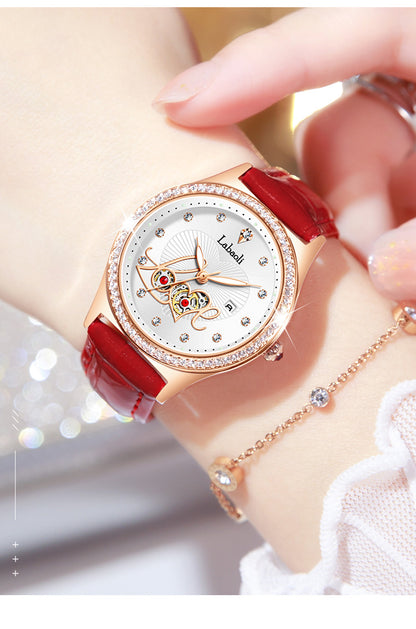 Women's Round Dial Quartz Watch With Genuine Leather Strap, Tempered Glass Mirror, Pointer Display, And Butterfly Double Snap Buckle