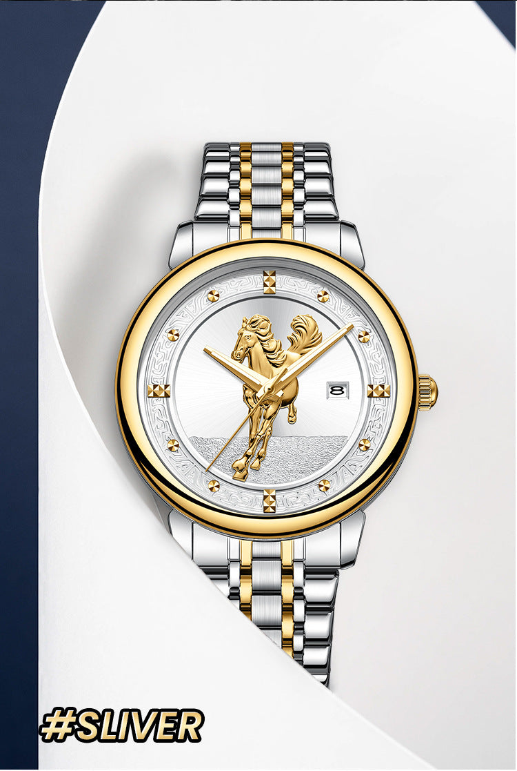 Men's Quartz Watch With Stainless Steel Strap And Double Side Snap Buckle Featuring Tempered Glass Mirror And Pointer Display