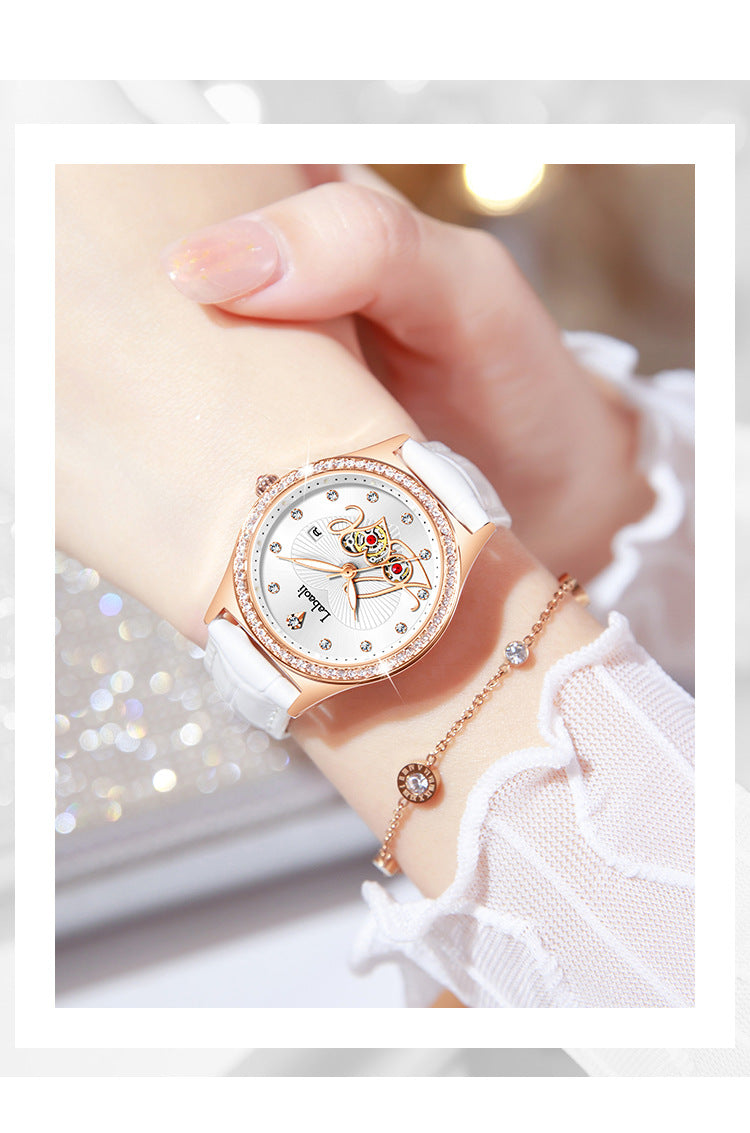 Women's Round Dial Quartz Watch With Genuine Leather Strap, Tempered Glass Mirror, Pointer Display, And Butterfly Double Snap Buckle