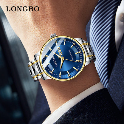 Men's Quartz Watch With Stainless Steel Strap And Butterfly Double Snap Buckle Featuring Tempered Glass Mirror And Pointer Display