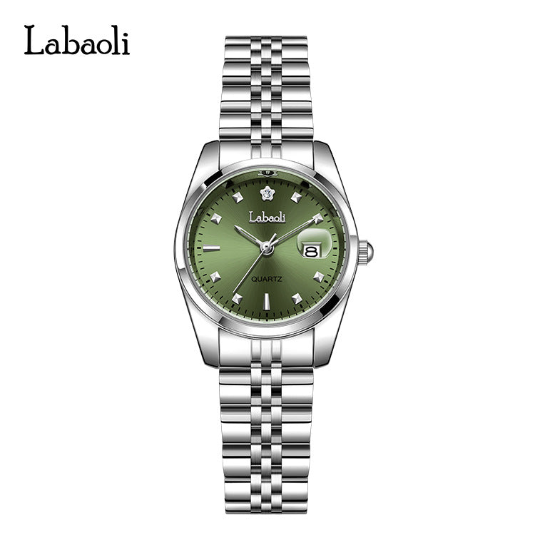 Women's Quartz Watch With Stainless Steel Strap And Butterfly Double Snap Buckle, Featuring Tempered Glass Mirror And Pointer Display