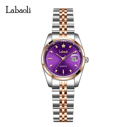 Women's Quartz Watch With Stainless Steel Strap And Butterfly Double Snap Buckle, Featuring Tempered Glass Mirror And Pointer Display