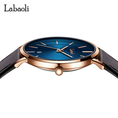 Men's Watch With Genuine Leather Strap, Quartz Movement, Tempered Glass Mirror, Pointer Display, And Buckle Style