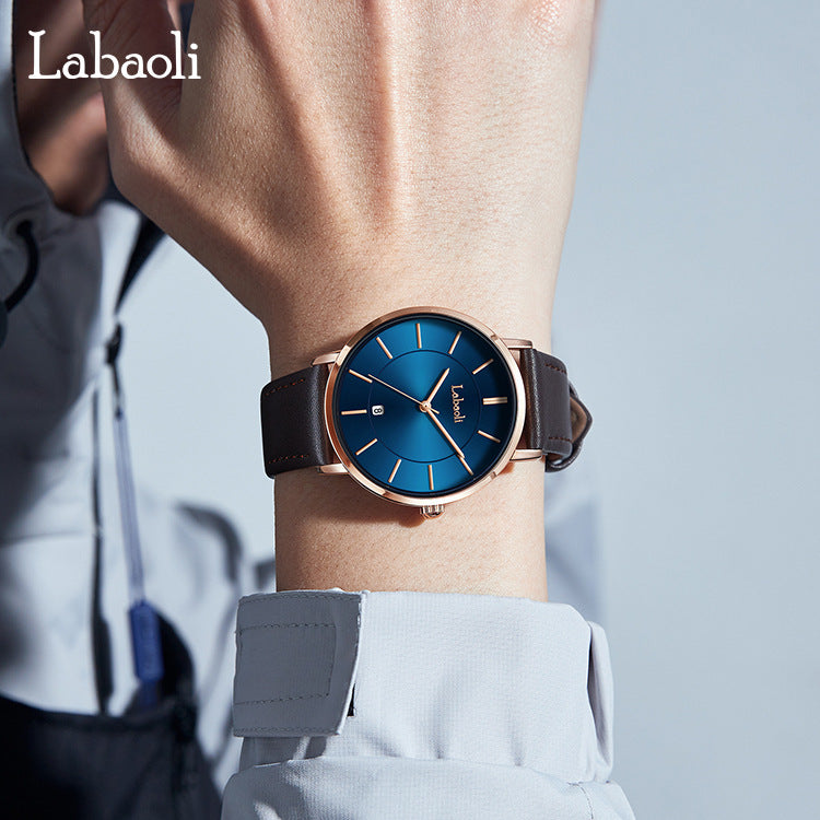 Men's Watch With Genuine Leather Strap, Quartz Movement, Tempered Glass Mirror, Pointer Display, And Buckle Style