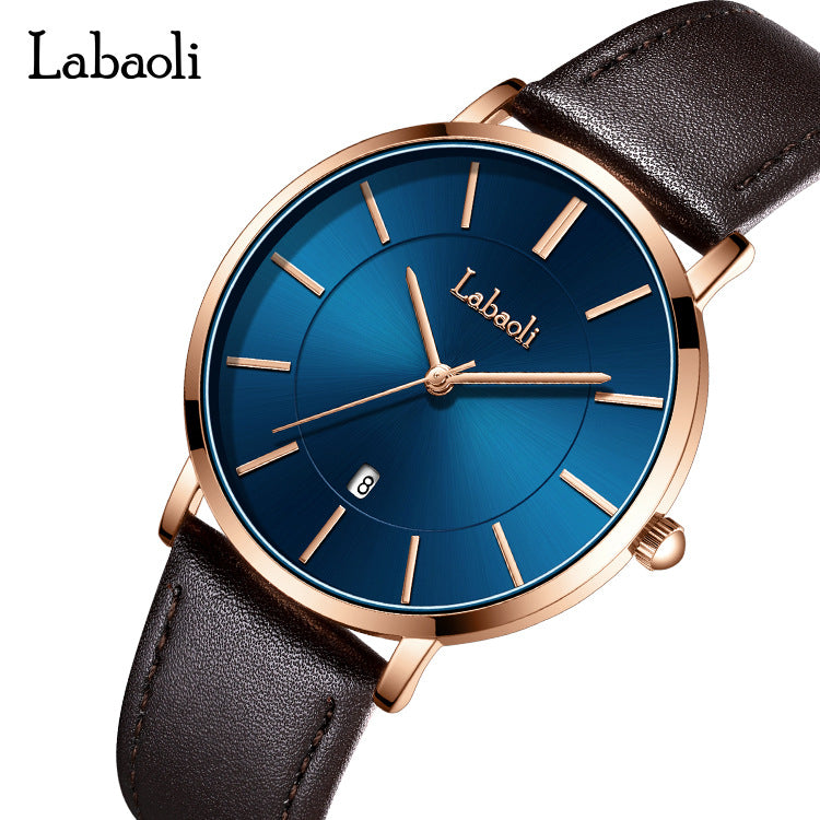 Men's Watch With Genuine Leather Strap, Quartz Movement, Tempered Glass Mirror, Pointer Display, And Buckle Style
