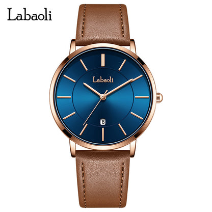 Men's Watch With Genuine Leather Strap, Quartz Movement, Tempered Glass Mirror, Pointer Display, And Buckle Style