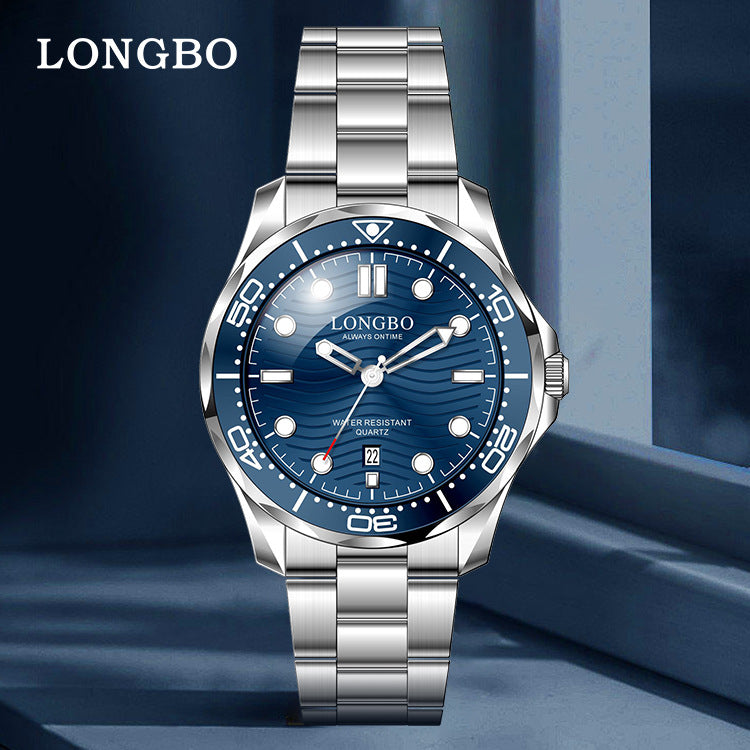 Men's Quartz Watch With Stainless Steel Strap, Tempered Glass Mirror, Pointer Display, And Single Folding Buckle