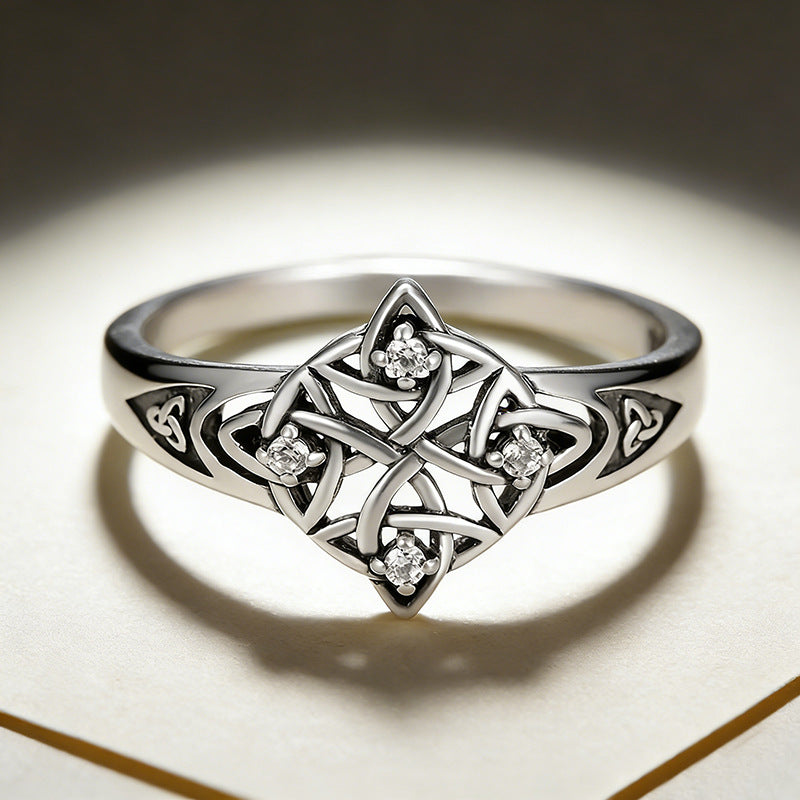 Celtic Knot Ring For Unisex Featuring Electroplated Silver Plated Finish With Rhinestones Inlay, Witches Knot Jewelry