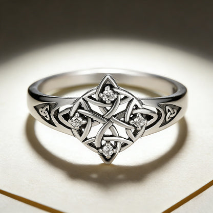 Celtic Knot Ring For Unisex Featuring Electroplated Silver Plated Finish With Rhinestones Inlay, Witches Knot Jewelry
