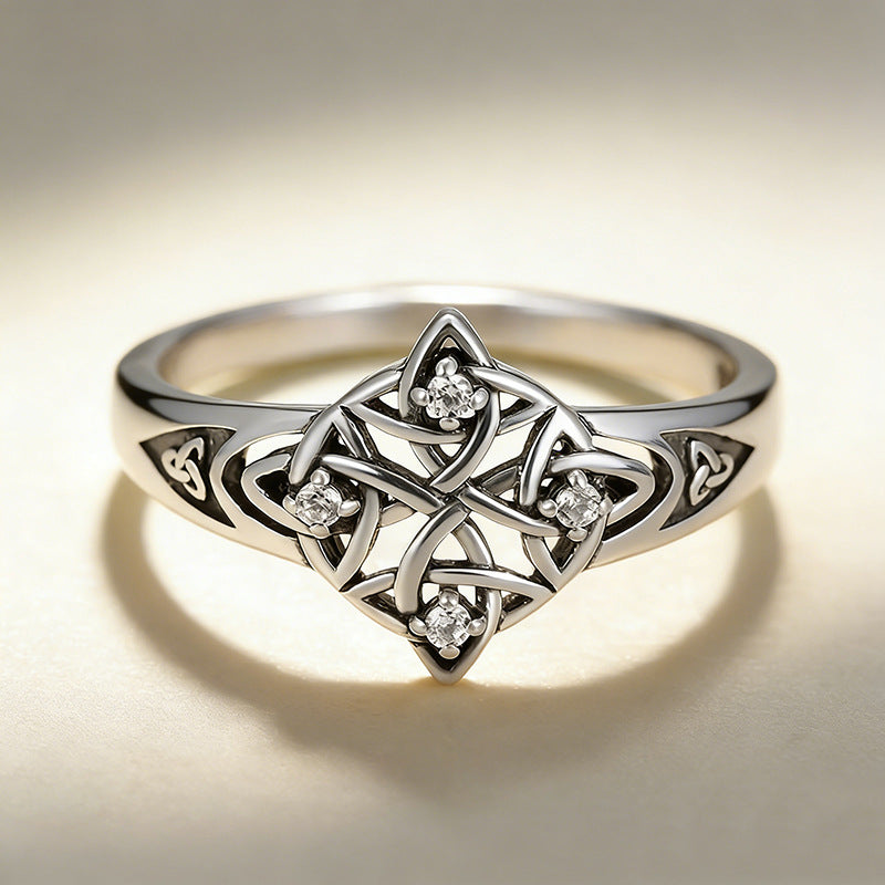 Celtic Knot Ring For Unisex Featuring Electroplated Silver Plated Finish With Rhinestones Inlay, Witches Knot Jewelry