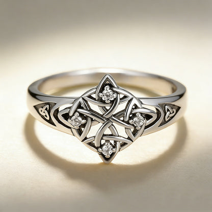Celtic Knot Ring For Unisex Featuring Electroplated Silver Plated Finish With Rhinestones Inlay, Witches Knot Jewelry